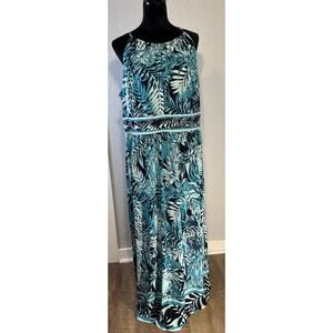 Roz & Ali Women Size 18 Blue Tropical Palm Print Casual Maxi Dress Vacay Goddess